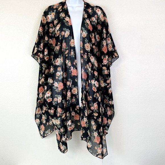 Black Floral Open Front Kimono Cover Up OS - Picture 1 of 4